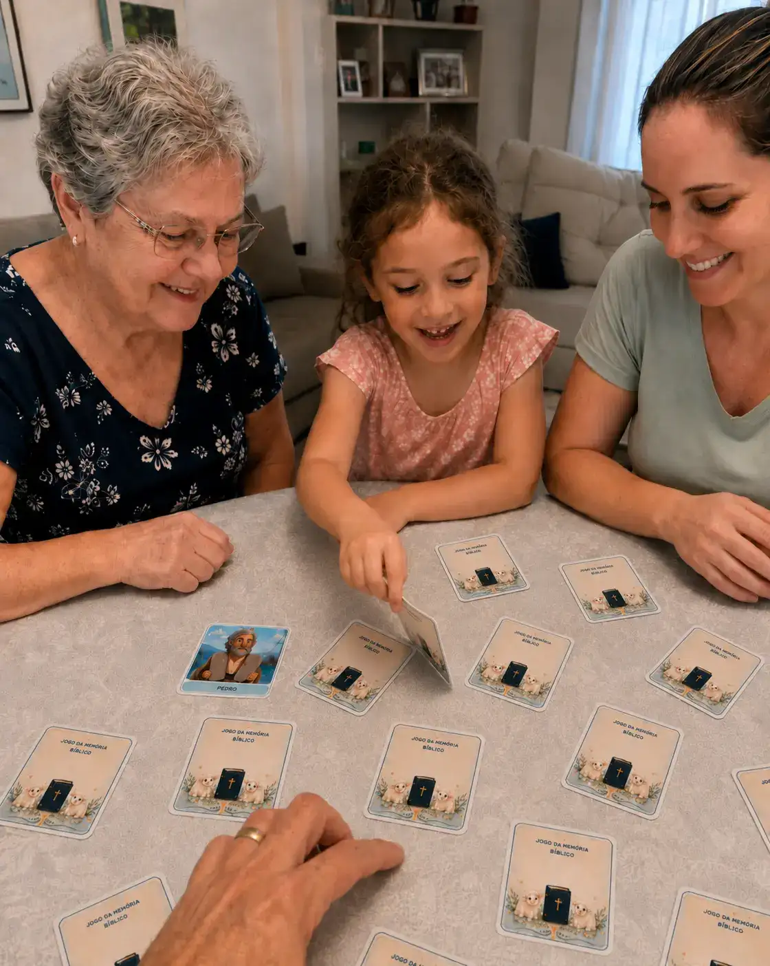 Avó, mãe e filha jogam juntas um jogo da memória bíblico impresso