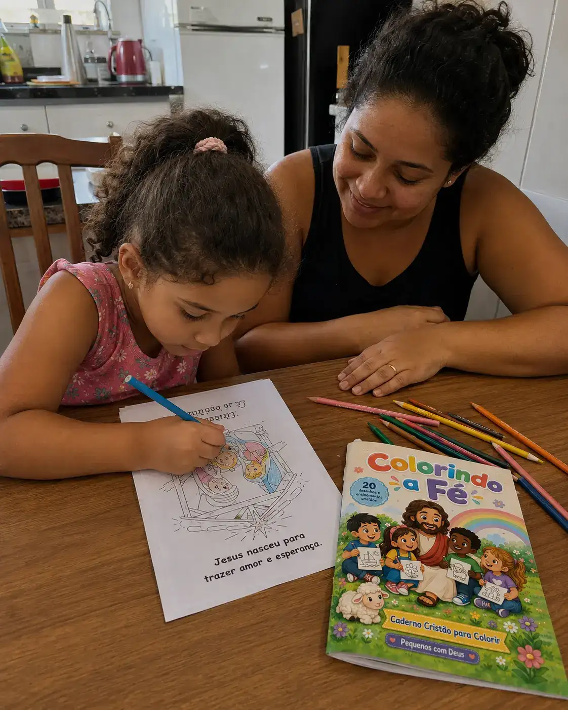 Mãe acompanha a filha colorindo uma atividade cristã impressa na cozinha